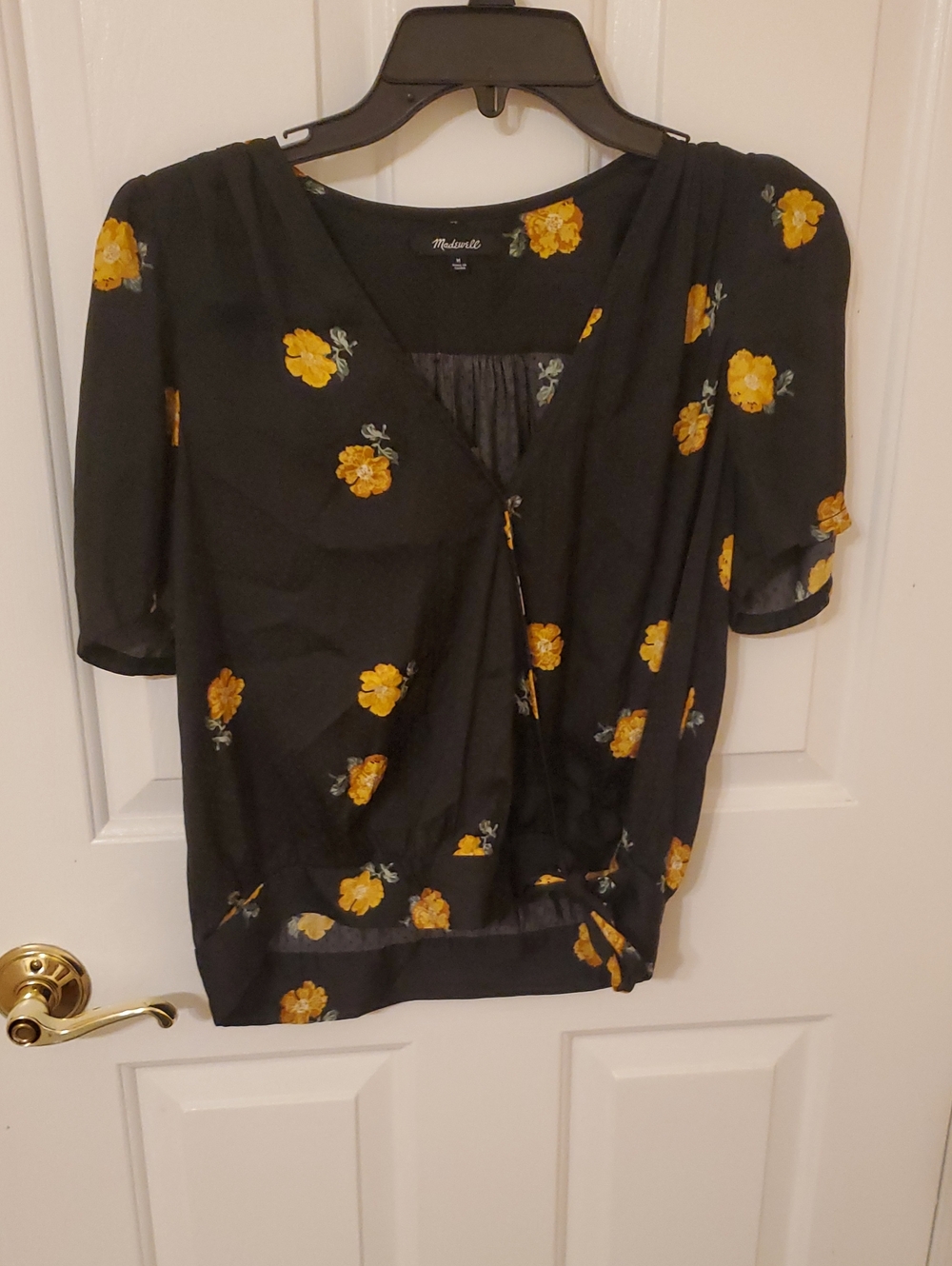 Madewell Black Wrap-Front Top with Yellow Floral Print